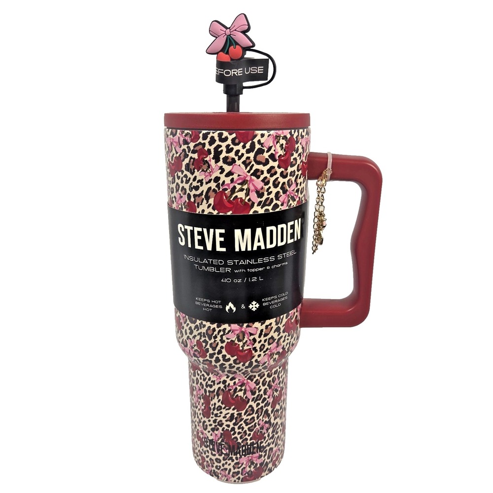 Steve Madden 40oz Tumbler Cherry Leopard Print Bow Topper Charms NWT Pink Red